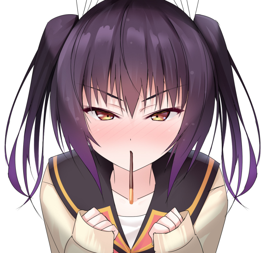 1girl bangs black_hair black_sailor_collar blush brown_eyes brown_sweater collarbone commentary_request eyebrows_visible_through_hair food food_in_mouth gradient_hair hair_between_eyes hair_ribbon hands_up long_sleeves looking_at_viewer mouth_hold multicolored_hair naoki_(endofcentury102) nose_blush original pocky purple_hair ribbon sailor_collar school_uniform serafuku sidelocks simple_background sleeves_past_wrists solo sweater twintails upper_body v-shaped_eyebrows white_background white_ribbon