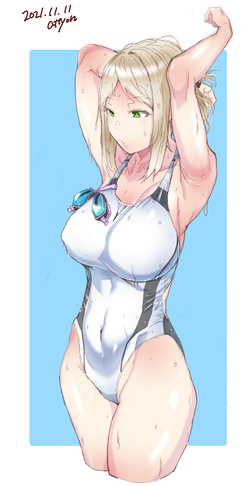 1girl absurdres arms_up artist_name attyon blonde_hair blue_background blue_border border breasts commentary_request competition_swimsuit covered_navel cowboy_shot cropped_legs dated goggles goggles_removed green_eyes highres kantai_collection katori_(kancolle) large_breasts no_eyewear one-piece_swimsuit solo swimsuit two-tone_background white_swimsuit