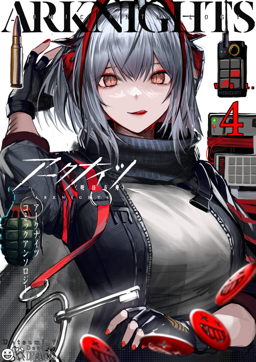 1girl :q absurdres ahoge arknights artist_name atsumi_7 black_gloves black_jacket black_scarf bomb copyright_name demon_horns detonator explosive fingerless_gloves gloves grenade grey_hair grey_shirt hand_up highres horns jacket keyring licking_lips looking_at_viewer open_clothes open_jacket orange_eyes red_gloves red_nails scarf shirt short_hair simple_background solo strap tongue tongue_out twitter_username upper_body w_(arknights) white_background