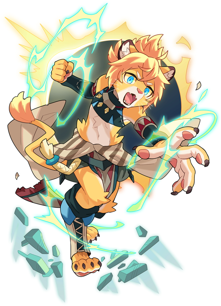 1boy animal_ear_fluff animal_ears animal_feet animal_hands animal_nose aqua_shirt aqua_sleeves artist_request aura bangs bare_shoulders barefoot blonde_hair blue_eyes body_fur child claws crop_top crossed_bangs detached_sleeves eclipse fangs full_body furry furry_male hand_up highres jewelry leaning_forward leg_warmers lion_boy lion_ears lion_tail loincloth long_sleeves male_focus midriff navel necklace non-web_source official_art open_mouth outstretched_arm pawpads ponytail rubble running shirt short_hair sidelocks sleeveless sleeveless_shirt snout solar_eclipse solo standing stomach tail teeth theo_(world_flipper) tied_hair tongue transparent_background two-tone_fur v-shaped_eyebrows whiskers white_fur world_flipper yellow_fur