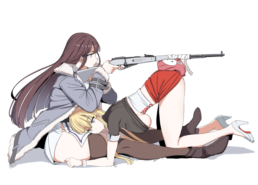 2girls absurdres aiming bandages bangs black_footwear blonde_hair blunt_bangs bolt_action boots breasts brown_hair closed_mouth coat dickbomber eyebrows_visible_through_hair full_body fur-trimmed_coat fur_trim grey_coat grey_eyes gun high_heels highres holding holding_gun holding_weapon korean_commentary lap_pillow last_origin leona_of_blood_&amp;_iron long_hair long_sleeves mosin-nagant multiple_girls photo-referenced red_skirt rifle short_sleeves simple_background sitting skirt thigh_boots thighhighs top-down_bottom-up underboob valkyrie_(last_origin) weapon white_background white_footwear