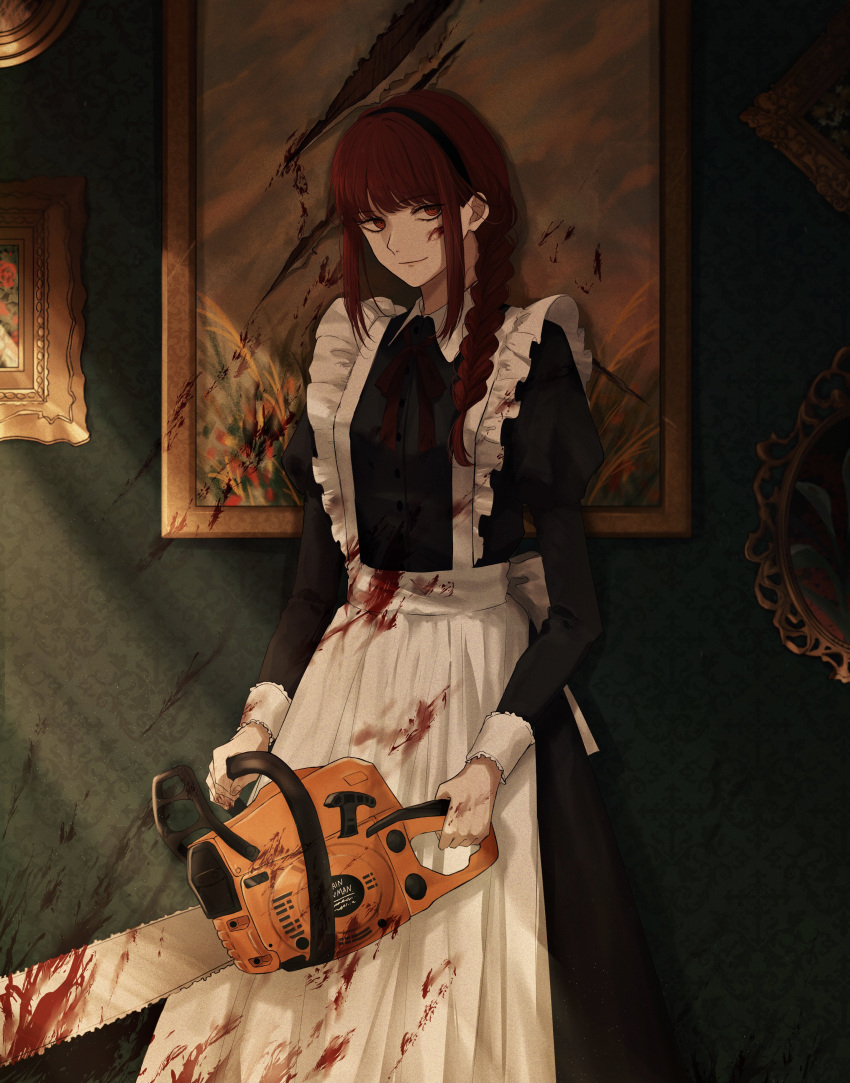 1girl absurdres alternate_costume apron bangs blood blood_on_clothes blood_on_face blood_on_weapon braid braided_ponytail breasts brown_hair chainsaw chainsaw_man highres hm_36xx holding holding_chainsaw holding_weapon light_smile long_hair looking_at_viewer maid maid_apron makima_(chainsaw_man) medium_breasts ringed_eyes smile solo weapon white_apron yellow_eyes