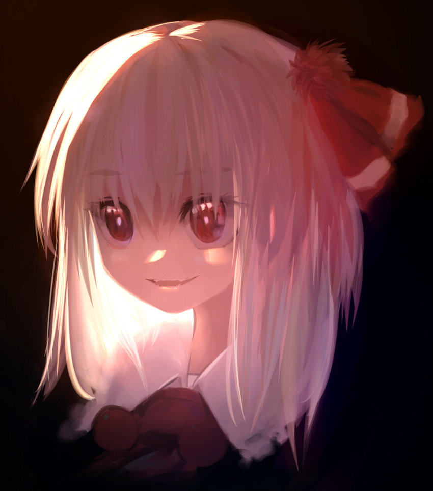 1girl ascot bangs beads blonde_hair bright_pupils commentary_request dark_background eyebrows_visible_through_hair hair_between_eyes hair_ribbon highres long_hair looking_ahead parted_lips red_ascot red_eyes red_ribbon ribbon rumia simple_background smile solo suisa touhou upper_body
