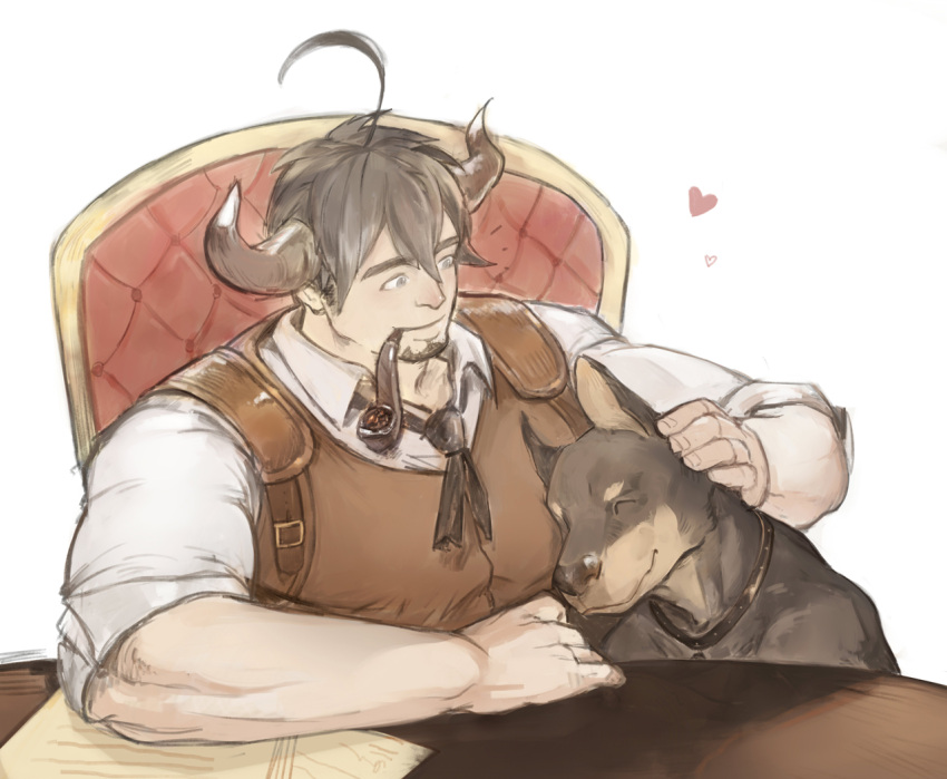 1boy arbbun bara collared_shirt commentary_request dog draph facial_hair goatee granblue_fantasy heart horns large_pectorals male_focus mature_male muscular muscular_male pectoral_press pectorals petting pipe pipe_in_mouth shirt short_hair sitting sleeves_rolled_up smile solo upper_body