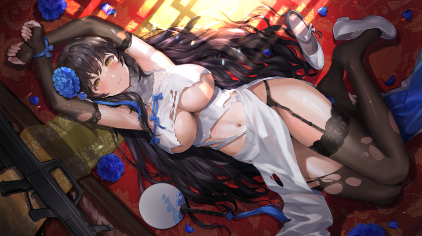1girl absurdres armpits arms_up assault_rifle bare_shoulders black_hair blue_flower blue_ribbon bound bound_wrists breasts bridal_gauntlets brown_legwear bullpup china_dress chinese_clothes cleavage dress flower garter_belt girls'_frontline gun hair_flower hair_ornament hand_fan highres large_breasts long_hair looking_at_viewer lying navel no_bra no_panties on_back paper_fan pelvic_curtain petals qbz-95 restrained revealing_clothes ribbon rifle sakamuke shoes sleeveless sleeveless_dress smile solo thighhighs thighs torn_clothes torn_dress torn_legwear type_95_(girls'_frontline) underboob very_long_hair weapon white_dress white_footwear yellow_eyes