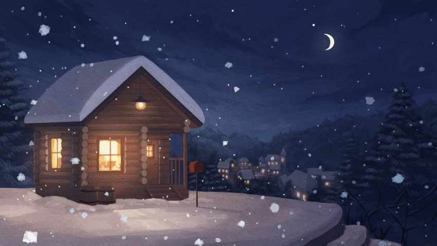 barrel building cloud crescent door forest highres house light mailbox_(incoming_mail) maju_(white_471glacia) moon mountain nature night night_sky no_humans original plant scenery sky snow star_(sky) tree village window winter