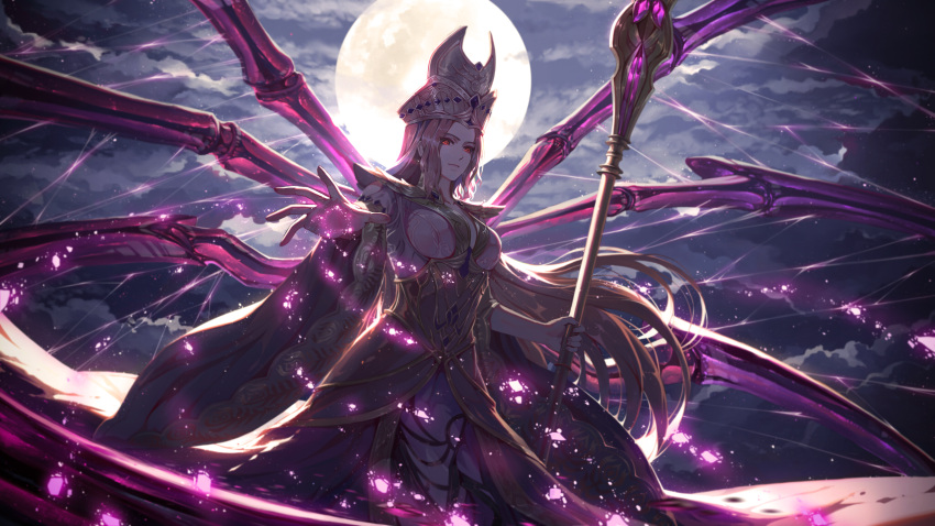 1girl absurdres arthropod_legs bibi_dong_(douluo_dalu) crown douluo_dalu glowing glowing_hand highres long_hair miao_shang_san_xiao monster_girl moon night outstretched_hand purple_hair red_eyes solo staff