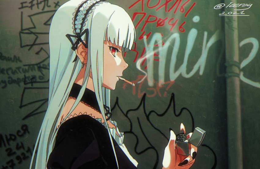 1girl black_dress black_nails cigarette cosplay dress earrings gothic_lolita highres iceroy jewelry lighter lolita_fashion long_hair meme outdoors partially_translated politics profile racism red_eyes rozen_maiden russian_text smoking solo suigintou suigintou_(cosplay) translation_request upper_body white_hair