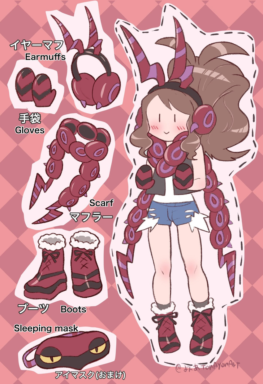 1girl :&gt; antenna_hair bangs black_vest blue_shorts blush boots brown_hair closed_mouth commentary_request earmuffs gloves high_ponytail highres hilda_(pokemon) knees long_hair open_clothes open_vest pokemon pokemon_(game) pokemon_bw scarf shiny shiny_hair shirt shorts sidelocks sleep_mask sleeveless sleeveless_shirt smile solid_oval_eyes standing themed_object tonayon vest white_shirt