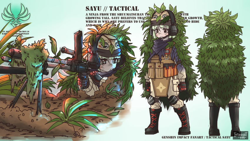 1girl alternate_costume bag bangs black_footwear black_gloves blunt_bangs boots cameo camouflage character_profile character_sheet combat_boots commentary contemporary eyebrows_visible_through_hair from_behind full_body genshin_impact gloves green_hair gun hair_between_eyes hat headset holding holding_gun holding_weapon introvert-kun knee_boots leaf leaf_on_head long_sleeves looking_at_viewer lying muji-muji_daruma_(genshin_impact) on_stomach pocket purple_eyes sayu_(genshin_impact) short_hair sidelocks simple_background solo standing tactical_clothes type_96_light_machine_gun weapon