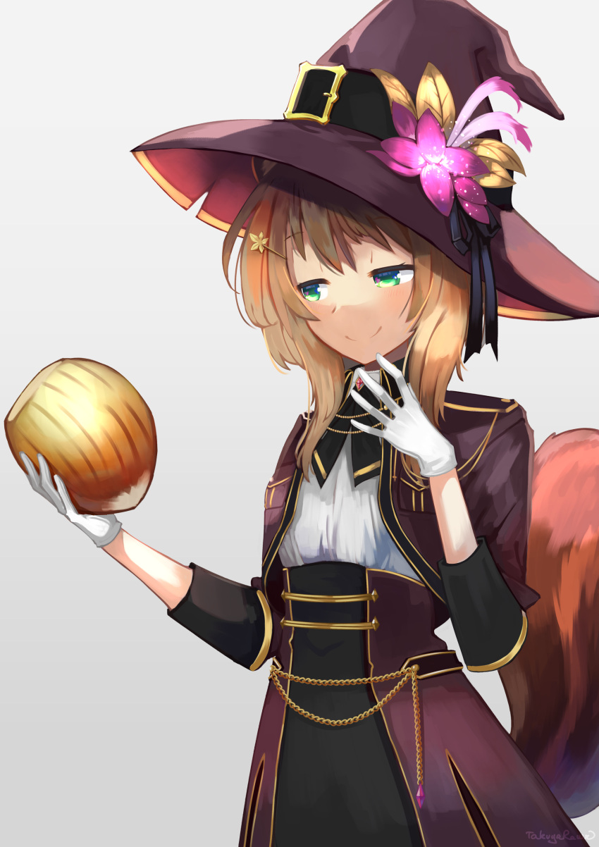 1girl absurdres ayunda_risu commentary english_commentary flower gloves green_eyes hair_ornament hairclip hat hat_flower high-waist_skirt highres holding hololive hololive_indonesia light_brown_hair nut_(food) short_hair simple_background skirt smile solo squirrel_tail tail takuyarawr upper_body virtual_youtuber white_gloves witch_hat