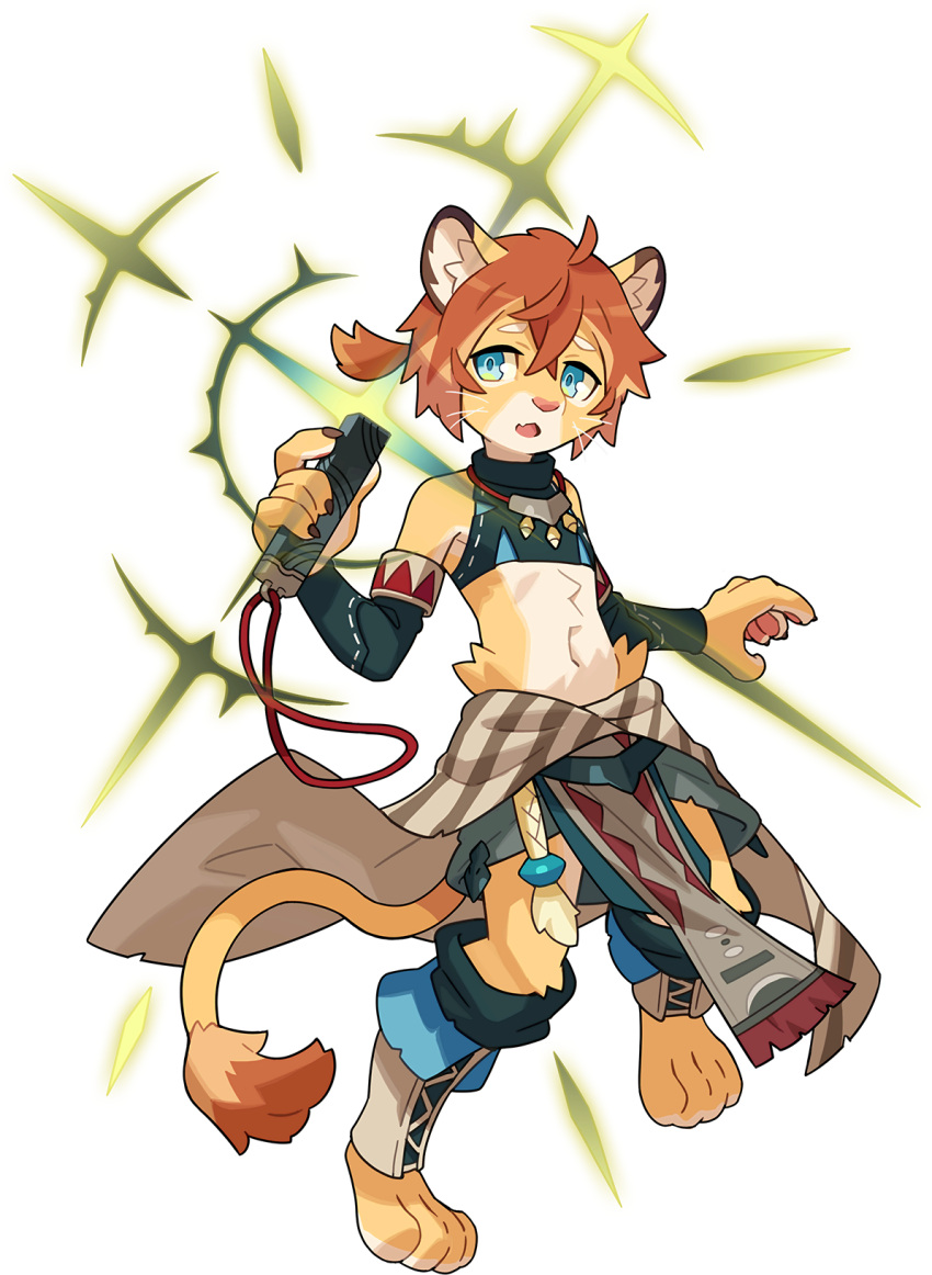 1boy animal_ear_fluff animal_ears animal_feet animal_hands animal_nose aqua_shirt aqua_sleeves artist_request aura bangs bare_shoulders barefoot blue_eyes body_fur brown_hair child claws crop_top crossed_bangs detached_sleeves fang full_body furry furry_male hand_up highres holding jewelry leg_warmers lion_boy lion_ears lion_tail loincloth long_sleeves looking_to_the_side male_focus midriff multicolored_hair navel necklace non-web_source official_art open_mouth pawpads ponytail shiny shiny_hair shirt short_hair sidelocks skin_fang sleeveless sleeveless_shirt snout solo standing stomach tail theo_(world_flipper) tied_hair transparent_background two-tone_fur two-tone_hair whiskers white_fur world_flipper yellow_fur
