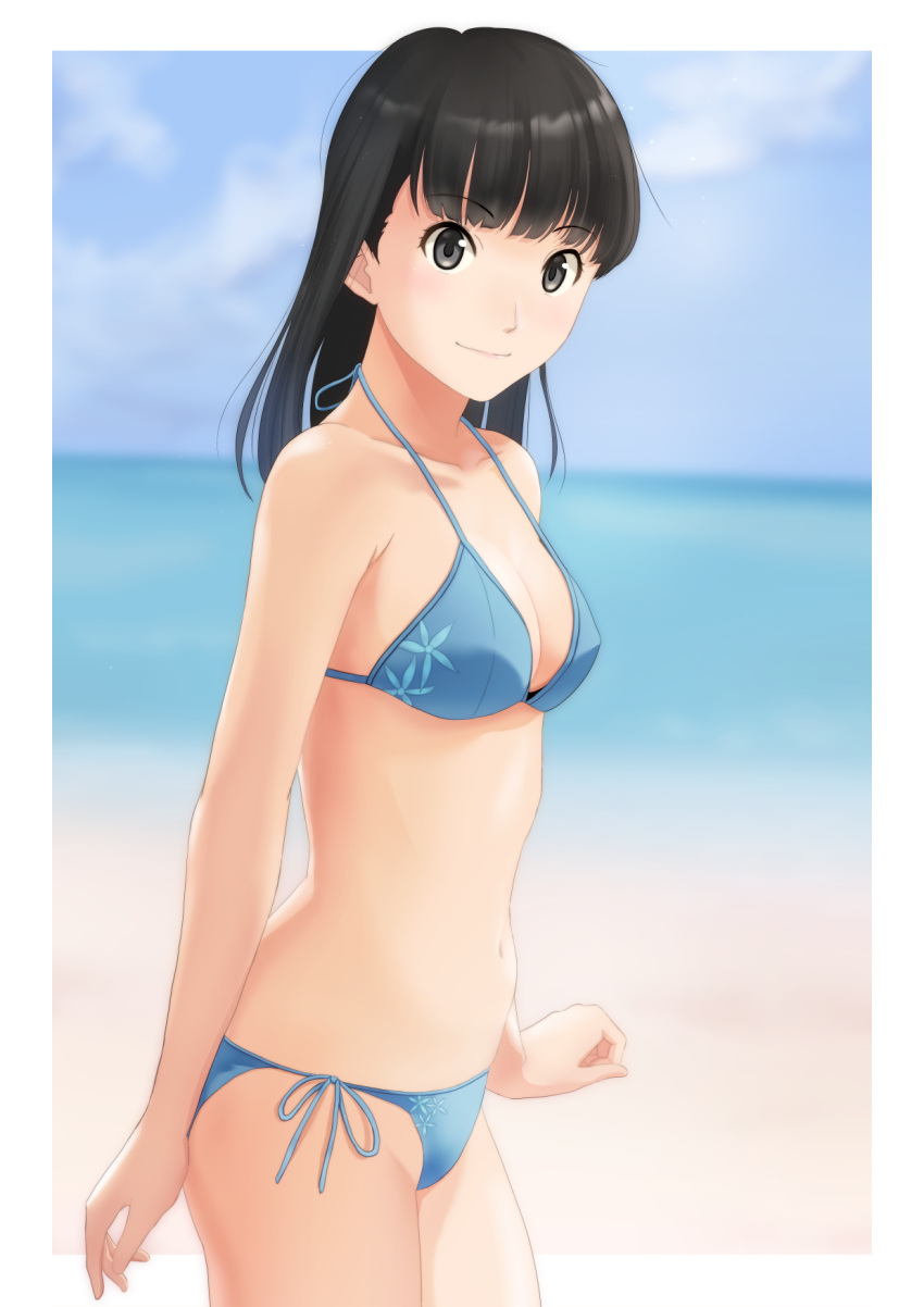 1girl alternate_costume amagami ayatsuji_tsukasa beach bikini black_eyes black_hair blue_bikini blush border breasts cowboy_shot day groin halterneck highres kero320 looking_at_viewer navel ocean outside_border shore side-tie_bikini small_breasts smile solo string_bikini swimsuit water white_border