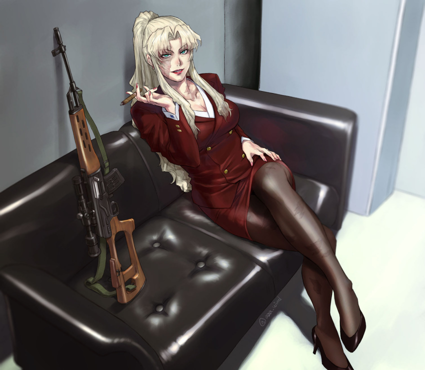 1girl azasuke balalaika_(black_lagoon) black_lagoon blonde_hair breasts burn_scar cleavage couch crossed_legs dragunov_svd green_eyes gun highres large_breasts lipstick long_hair makeup pantyhose parted_lips ponytail red_lips red_nails red_skirt revision rifle scar sidelocks sitting skirt smile sniper_rifle solo twitter_username weapon