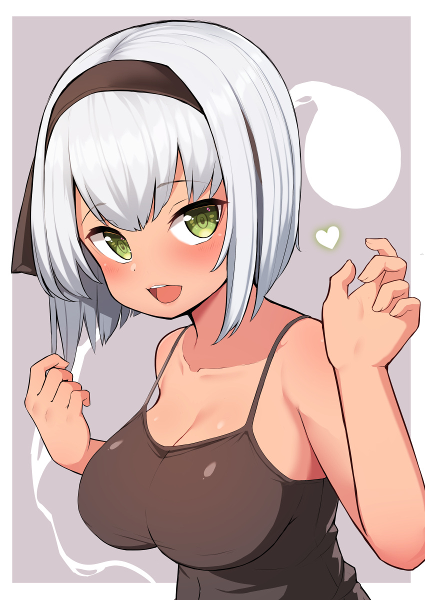 1girl absurdres bangs bare_arms bare_shoulders black_hairband blush breasts camisole cleavage collarbone eyebrows_visible_through_hair ghost green_eyes hair_ribbon hairband hands_up heart highres konpaku_youmu large_breasts looking_at_viewer moyashi_baasuto open_mouth ribbon short_hair silver_hair simple_background smile solo tan touhou upper_body