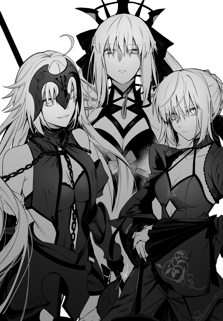 3girls absurdres ahoge artoria_pendragon_(fate) bare_shoulders braid breasts chain cleavage collarbone dress excalibur_morgan_(fate) eyebrows_visible_through_hair fate/grand_order fate/stay_night fate_(series) greyscale grin hair_over_eyes highres jeanne_d'arc_(alter)_(fate) jeanne_d'arc_(fate) long_hair monochrome morgan_le_fay_(fate) multiple_girls ryousuke_(tukr5384) saber_alter signature smile sword very_long_hair weapon white_background