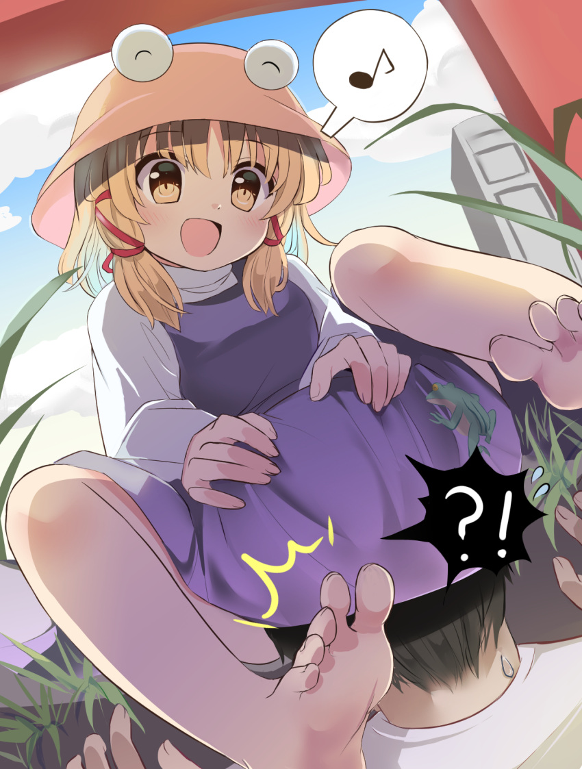 1girl :d animal_print bangs barefoot blonde_hair blush commentary_request frog_print hair_ribbon hat highres long_sleeves medium_hair moriya_suwako open_mouth purple_skirt purple_vest ramudia_(lamyun) red_ribbon ribbon shirt sidelocks skirt skirt_set smile solo touhou turtleneck under_skirt vest white_shirt yellow_eyes