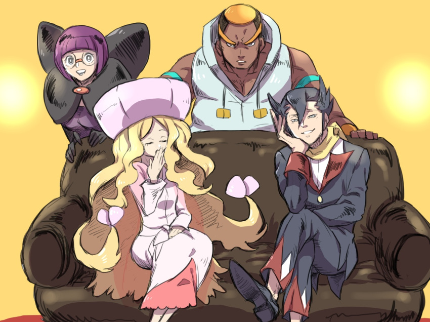 2boys 2girls :d arm_strap bangs black_hair blonde_hair blunt_bangs buttons caitlin_(pokemon) commentary_request couch crossed_legs dress glasses gloves grimsley_(pokemon) hair_between_eyes hat head_rest jacket long_hair long_sleeves looking_at_viewer marshal_(pokemon) multiple_boys multiple_girls open_mouth pants pink_headwear pokemon pokemon_(game) pokemon_bw purple_hair sanwari_(aruji_yume) scarf shauntal_(pokemon) shoes short_hair sitting sleeveless smile teeth textless upper_teeth yawning yellow_scarf