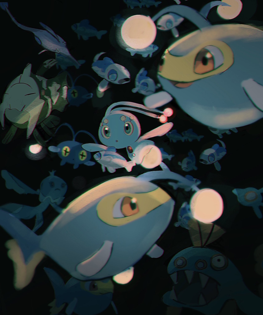 anzu_(01010611) black_background chinchou closed_mouth frillish frillish_(male) glowing gorebyss green_eyes highres huntail lanturn manaphy no_humans open_mouth orange_eyes pokemon pokemon_(creature) tongue underwater wishiwashi wishiwashi_(solo)