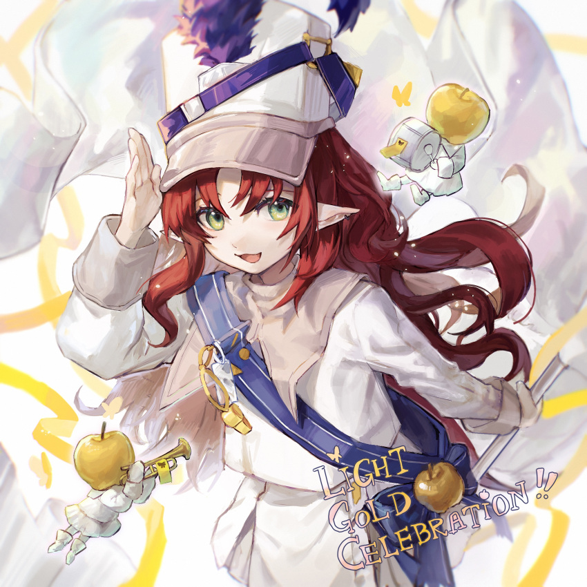 1girl apple arknights cape commentary drum drum_major drumsticks flag food fruit golden_apple green_eyes hat highres holding holding_flag instrument long_hair long_sleeves looking_at_viewer mayf42 myrtle_(arknights) myrtle_(light_gold_celebration)_(arknights) official_alternate_costume open_mouth pointy_ears red_hair smile symbol-only_commentary trumpet white_cape white_flag white_headwear