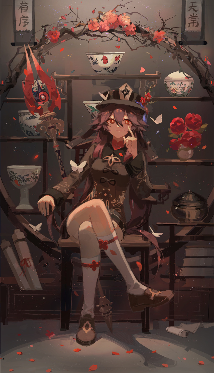 1girl absurdres black_headwear black_shorts book breasts brown_hair bug butterfly chinese_clothes crossed_legs flower full_body genshin_impact hair_between_eyes hat hat_flower highres hu_tao_(genshin_impact) long_hair long_sleeves looking_at_viewer petals polearm red_eyes red_flower red_rose rose scroll shelf shoes short_shorts shorts sitting smile socks staff_of_homa_(genshin_impact) star-shaped_pupils star_(symbol) symbol-shaped_pupils top_hat twintails vase weapon zerotabi1210