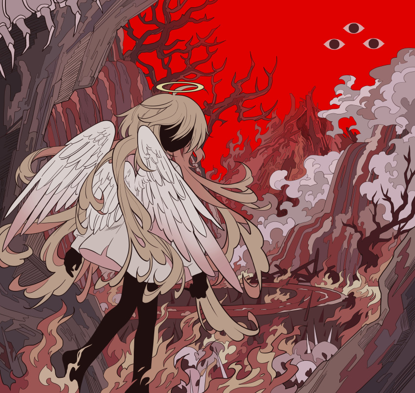 1other absurdres ahoge angel angel_wings bangs bare_tree black_skin blonde_hair bug colored_skin commentary dated_commentary disembodied_eye dress eyeball faceless facing_viewer fire halo hell highres long_hair long_sleeves meremero millipede mountain original puffy_long_sleeves puffy_sleeves red_sky red_theme road sidelocks silhouette skull sky solo tree very_long_hair walking white_dress white_wings wings