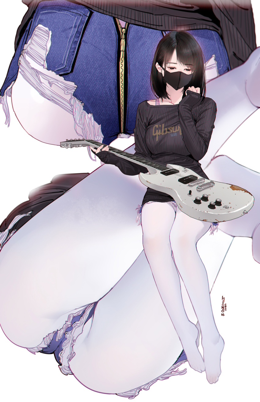 1girl absurdres artist_name ass black_eyes black_hair black_sweater blue_shorts breasts clothes_writing commentary_request cutoffs denim denim_shorts electric_guitar eyebrows_visible_through_hair feet from_behind full_body gibson gibson_sg guitar hand_up highres hitomi_o holding holding_instrument instrument long_sleeves mask medium_breasts medium_hair micro_shorts mouth_mask multiple_views no_shoes original pantyhose ribbed_sweater shorts simple_background sitting sleeves_past_wrists sweater torn_clothes torn_shorts white_background white_legwear zipper zipper_pull_tab