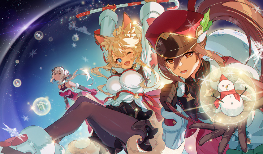 1boy 2girls animal_ears arms_up bare_shoulders blonde_hair blue_eyes breasts brown_eyes brown_hair dark_skin elbow_gloves fox_ears gift gloves hat highres inaho_(world_flipper) large_breasts long_hair long_sleeves looking_at_viewer majiang marianne_(world_flipper) multiple_girls one_eye_closed ponytail red_eyes snowman soushiro_(world_flipper) thighhighs wide_sleeves world_flipper