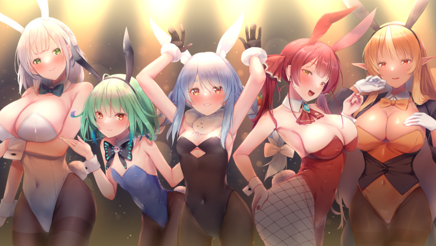 5girls ahoge animal_ear_fluff animal_ears arm_under_breasts armpits arms_up arrow_through_heart ascot ass bangs bare_shoulders black_gloves black_jacket black_legwear black_leotard blonde_hair blue_bow blue_bowtie blue_hair blue_leotard blush bow bowtie braid breast_hold breasts brooch bunny-shaped_pupils carrot_hair_ornament cleavage clenched_teeth closed_mouth covered_navel dark-skinned_female dark_skin detached_collar don-chan_(usada_pekora) elf extra_ears eyebrows_visible_through_hair fake_animal_ears fake_tail fishnet_legwear fishnets food-themed_hair_ornament french_braid fur-trimmed_gloves fur_scarf fur_trim gloves gradient_hair green_eyes green_hair green_nails groin hair_ornament hair_ribbon hand_on_own_ass hand_on_own_chest heterochromia highres hikimayu hololive hololive_fantasy houshou_marine ichi-go jacket jewelry large_breasts leotard leotard_under_clothes long_hair long_sleeves multicolored_hair multiple_girls nail_polish open_mouth orange_bow orange_bowtie orange_eyes orange_leotard pantyhose playboy_bunny pointy_ears rabbit_ears rabbit_girl rabbit_tail red_ascot red_eyes red_hair red_leotard red_nails red_ribbon ribbon scarf shiranui_flare shirogane_noel short_eyebrows short_hair sideboob silver_hair small_breasts smile strapless strapless_leotard streaked_hair swept_bangs symbol-shaped_pupils tail teeth thick_eyebrows thighhighs twin_braids twintails two-tone_hair uruha_rushia usada_pekora virtual_youtuber white_gloves white_hair white_scarf wrist_cuffs yellow_eyes