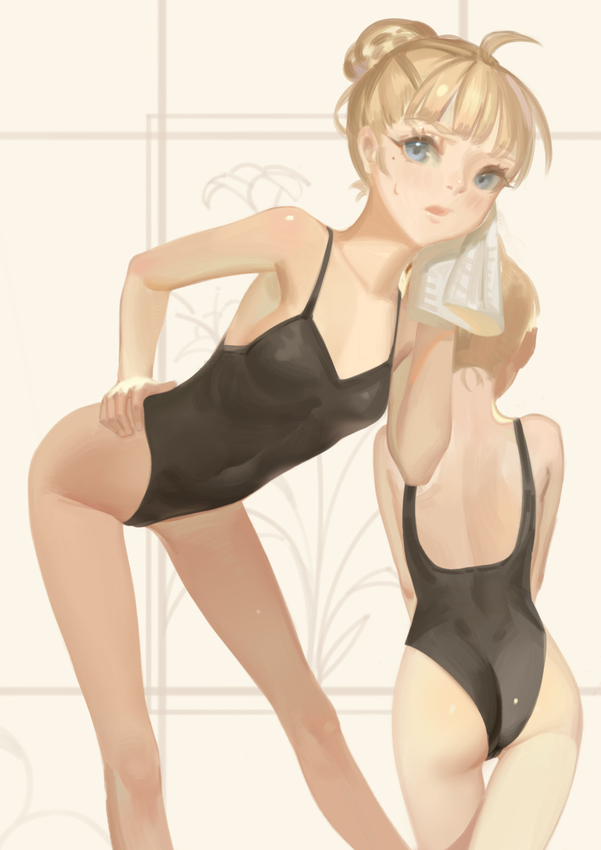 1girl absurdres ahoge annoyed ass athletic_leotard ballerina ballet bangs black_leotard blonde_hair blue_eyes blush breasts cameltoe caucasian da_(datako) eyelashes hair_bun handkerchief highres leotard mole navel odile_(swan_lake) oekaki simple_background small_breasts swan_lake sweat thigh_gap