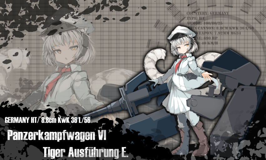 1girl albacrow_ill animal_ears boots brown_footwear cannon cat_ears cat_tail gloves grey_hair ground_vehicle highres long_sleeves machinery military military_vehicle motor_vehicle orange_eyes original personification short_hair single_glove slit_pupils tail tank tiger_i