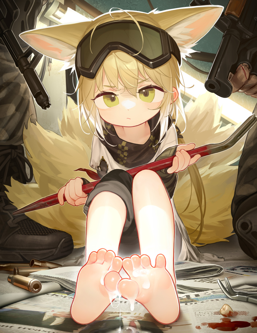 1girl absurdres animal_ears arknights asymmetrical_pants barefoot black_scarf blonde_hair blood crowbar cum cum_on_feet fingerless_gloves footjob fox_ears fox_girl fox_tail gloves goggles goggles_on_head green_eyes gun highres holding holding_weapon legs_together multiple_tails newspaper official_alternate_costume on_ground scarf shell_casing sitting soles solo suzuran_(arknights) suzuran_(lostlands_flowering)_(arknights) tail tianliang_duohe_fangdongye toes tooth weapon