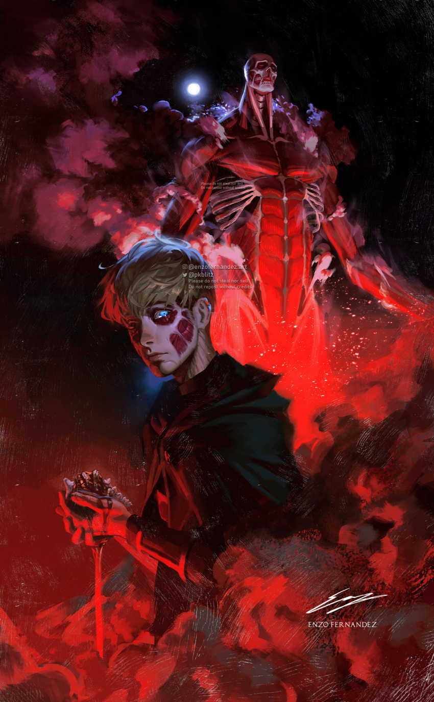 1boy armin_arlert blonde_hair blood blood_splatter blue_eyes bone capelet cloud colossal_titan enzo_fernandez expressionless facial_mark full_moon giant giant_male glowing glowing_eye green_capelet highres holding holding_bone instagram_username male_focus moon night red_theme sad scene_reference seashell shell shingeki_no_kyojin short_hair signature spilling spoilers titan twitter_username watermark