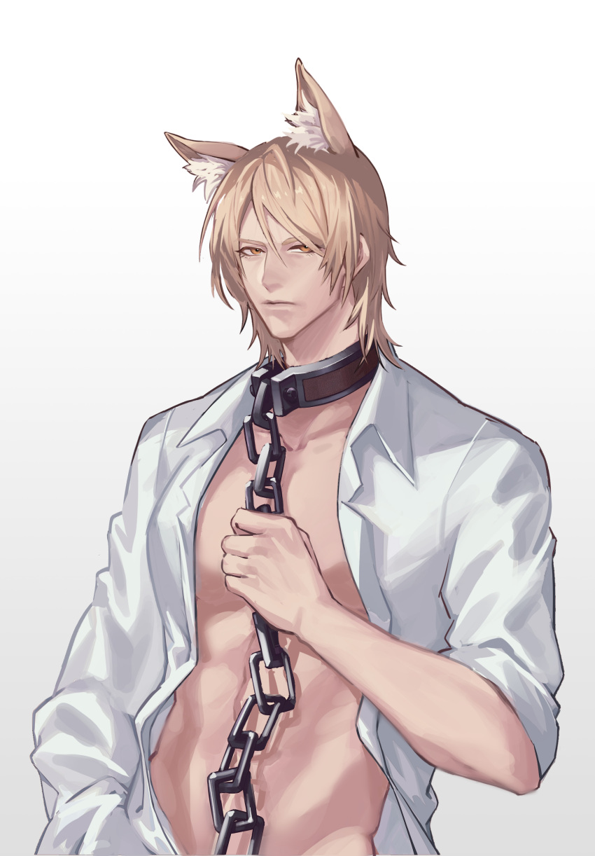 1boy absurdres animal_ear_fluff animal_ears arknights bangs blonde_hair chain collar gradient gradient_background grey_background highres juechen_syl looking_at_viewer male_focus mlynar_(arknights) open_clothes open_shirt shirt short_hair sleeve_rolled_up upper_body white_background white_shirt yellow_eyes