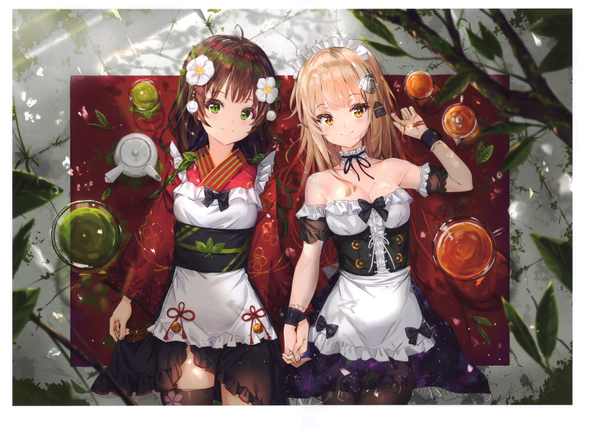 2girls absurdres ahoge apron bangs bare_shoulders bell blush branch breasts brown_hair cleavage closed_mouth day detached_collar dress eyebrows_visible_through_hair fingernails floral_print green_eyes hair_ornament highres holding_hands interlocked_fingers japanese_clothes jingle_bell leaf light_brown_hair long_hair long_sleeves looking_at_viewer lying maid_headdress medium_breasts multiple_girls na_kyo obi on_back original outdoors pantyhose ribbon ribbon_trim sash scan shadow shiny shiny_hair short_dress skirt smile thighs waist_apron wide_sleeves wrist_cuffs