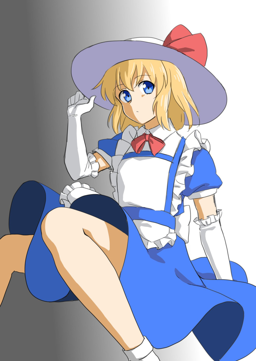 1girl apron blonde_hair blue_dress blue_eyes dress elbow_gloves feet_out_of_frame frilled_apron frills gloves gradient gradient_background haramin3 hat hat_ribbon highres holding holding_clothes holding_hat kana_anaberal legs puffy_short_sleeves puffy_sleeves ribbon short_hair short_sleeves socks solo sun_hat touhou touhou_(pc-98) white_apron white_gloves white_headwear white_legwear