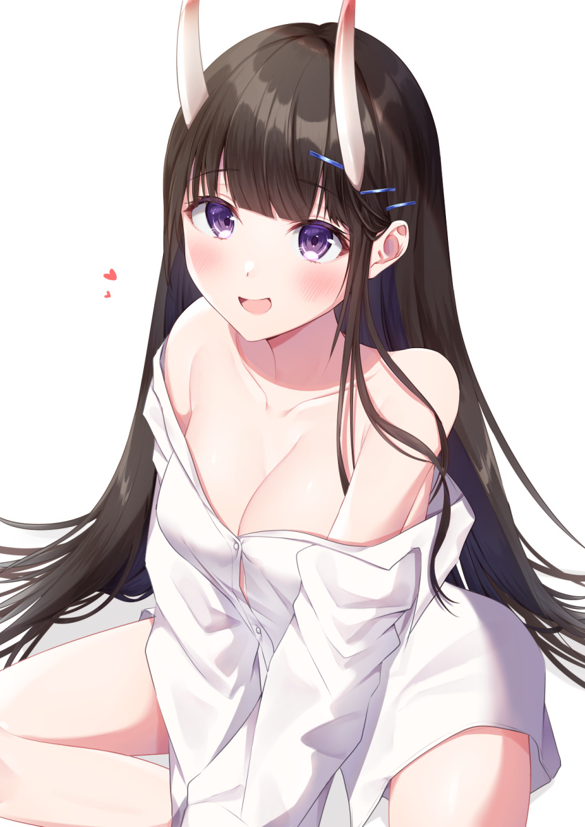 1girl aika_(1019-akari) azur_lane bare_shoulders breasts brown_hair cleavage eyebrows_visible_through_hair hair_ornament hairclip heart highres horns looking_at_viewer medium_breasts noshiro_(azur_lane) noshiro_(cozy_enclave)_(azur_lane) official_alternate_costume oni_horns open_mouth partially_unbuttoned purple_eyes shirt simple_background sitting solo white_background white_shirt