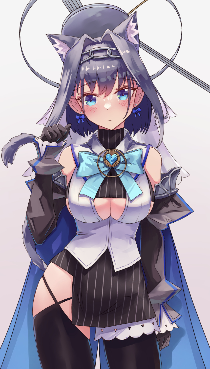 1girl absurdres animal_ears black_gloves black_legwear blue_cape blue_eyes blue_hair blush bow bow_earrings bowtie breasts cape cat_ears cat_tail cleavage_cutout clock_hands closed_mouth clothing_cutout cowboy_shot detached_sleeves earrings gloves hair_intakes head_chain highres hololive hololive_english jewelry large_breasts looking_at_viewer mechanical_halo miniskirt ouro_kronii paw_pose shironekokfp skirt solo tail thighhighs veil virtual_youtuber