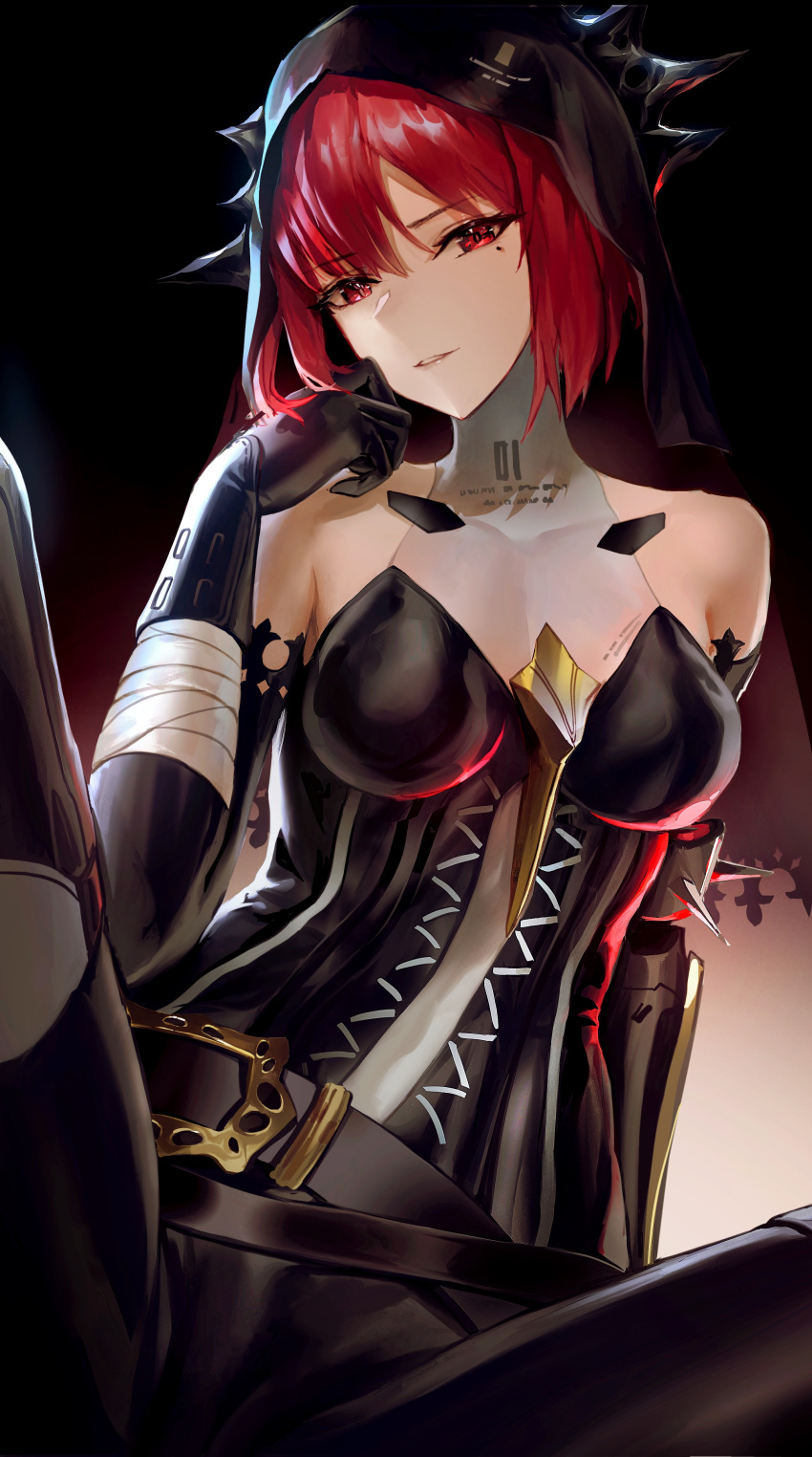 1girl absurdres bandages bangs bare_shoulders belt black_background black_gloves blurry bodysuit breasts depth_of_field elbow_gloves gloves head_tilt highres long_hair looking_at_viewer medium_breasts mole mole_under_eye parted_lips punishing:_gray_raven red_eyes red_hair sitting solo spikes spread_legs veil vera_(punishing:_gray_raven) zhehewofu_huayou_shemeguanx