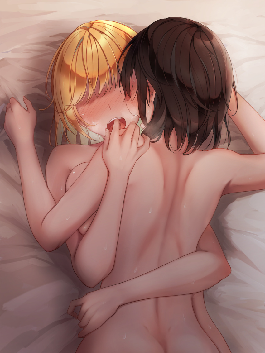 2girls back bed_sheet blonde_hair blush breast_press breasts breath brown_hair commentary facing_viewer from_above fumei_(mugendai) heavy_breathing highres hug lying lying_on_person maribel_hearn medium_breasts medium_hair multiple_girls no_eyes nude on_back on_bed on_stomach open_mouth sheet_grab short_hair sweat touhou upper_body usami_renko yuri