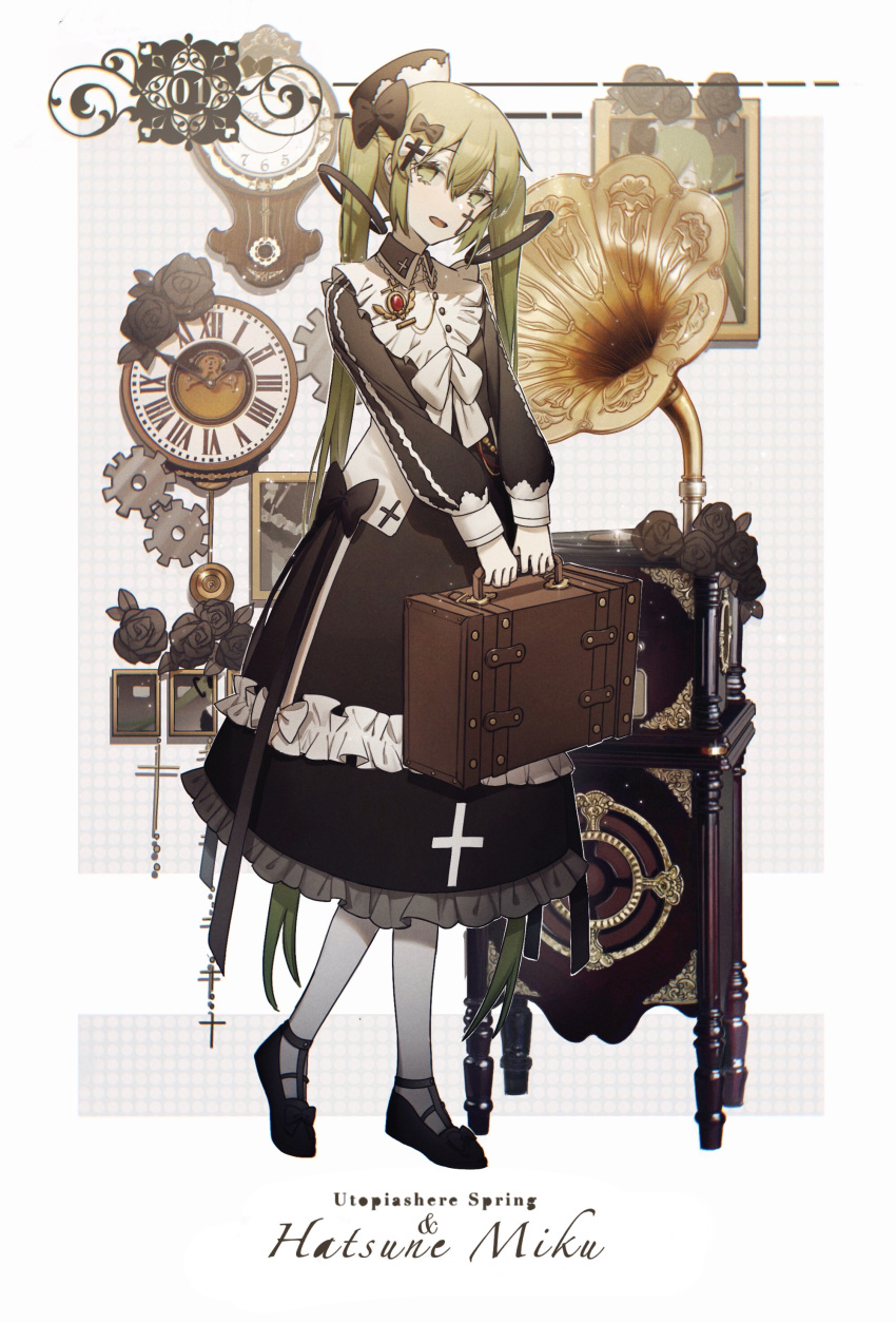 1girl absurdres analog_clock bangs black_dress black_flower black_footwear black_headwear black_rose bow brooch character_name clock collared_dress cross cross_hair_ornament dress facial_mark flower full_body green_eyes green_hair hair_between_eyes hair_bow hair_ornament hat hatsune_miku head_tilt highres holding jewelry konya_karasu_kou long_hair long_sleeves looking_at_viewer pantyhose pendulum_clock phonograph photo_(object) ring_hair_ornament roman_numeral rose shoes sidelocks smile solo suitcase twintails v_arms very_long_hair vocaloid walking wall_clock white_background white_legwear