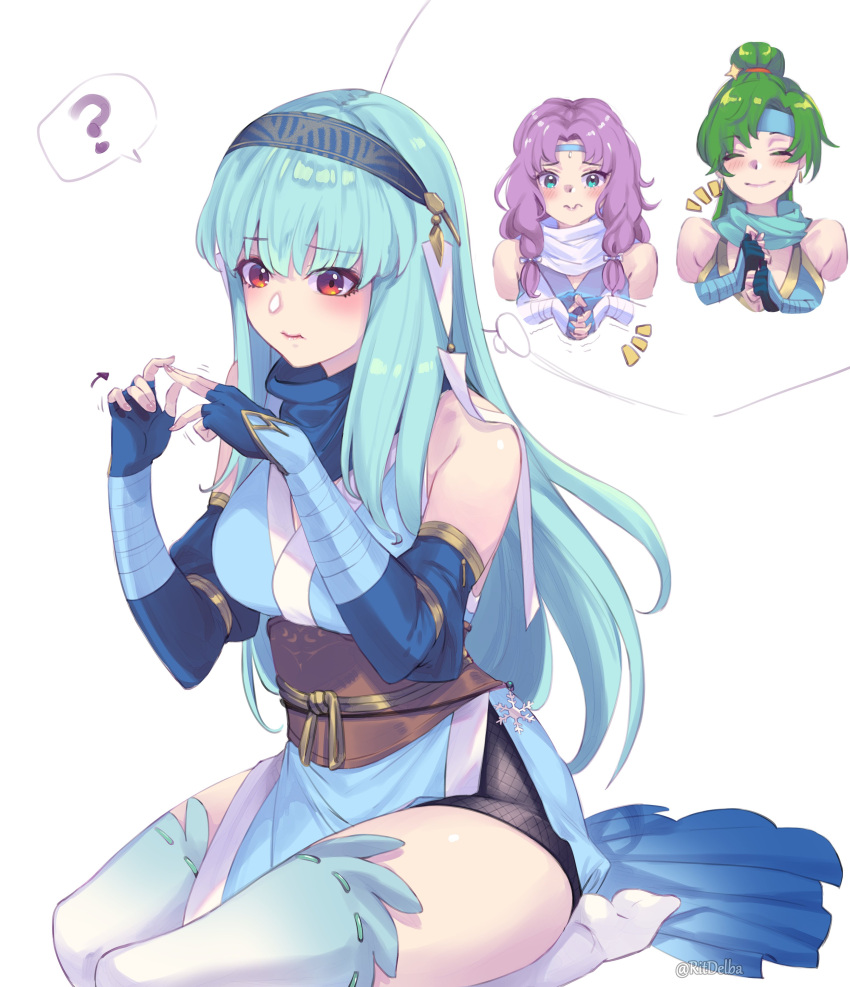 3girls absurdres alternate_costume bangs bare_shoulders blue_hair blush breasts cape cosplay dress fire_emblem fire_emblem:_the_blazing_blade fire_emblem_heroes florina_(fire_emblem) gloves green_eyes green_hair hair_ornament high_ponytail highres japanese_clothes jewelry large_breasts long_hair looking_at_viewer lyn_(fire_emblem) manakete multiple_girls ninian_(fire_emblem) ninja official_alternate_costume open_mouth ponytail red_eyes ritence simple_background smile very_long_hair weapon