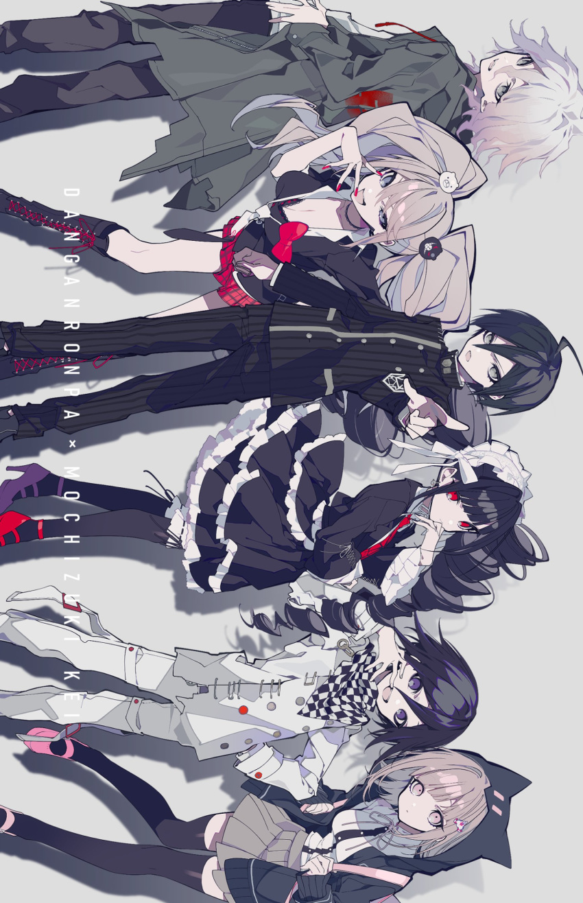 3boys 3girls :d ahoge animal_hood artist_name bangs bear_hair_ornament black_hair black_jacket black_necktie black_pants black_shirt black_skirt bonnet boots bow brown_eyes brown_skirt buttons card cat_hood celestia_ludenberg checkered checkered_scarf collared_shirt copyright_name danganronpa:_trigger_happy_havoc danganronpa_(series) danganronpa_2:_goodbye_despair danganronpa_v3:_killing_harmony dated_commentary double-breasted dress_shirt drill_hair enoshima_junko exif_rotation feet_out_of_frame frilled_jacket frilled_skirt frills from_side galaga gothic_lolita green_jacket grey_hair grin hair_between_eyes hair_ornament hand_on_hip hand_up headdress highres hood hood_up jacket knee_boots komaeda_nagito layered_skirt leaning_forward lolita_fashion long_hair long_sleeves looking_at_viewer male_focus md5_mismatch miniskirt mochizuki_kei multiple_boys multiple_girls nanami_chiaki neck_ribbon necktie open_mouth ouma_kokichi pale_skin pants pink_ribbon plaid plaid_skirt playing_card pleated_skirt pointing print_necktie red_bow red_eyes red_necktie red_neckwear red_skirt ribbon rotated saihara_shuuichi scarf shirt shoes short_hair simple_background skirt smile striped striped_jacket striped_pants teeth thighhighs twin_drills twintails two-tone_shirt upper_teeth white_necktie white_shirt