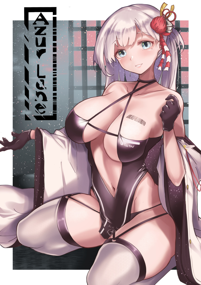 1girl absurdres asymmetrical_breasts azur_lane barcode barcode_tattoo bikini bikini_bottom black_bikini black_gloves black_leotard blue_eyes blush breasts cleavage collarbone commentary copyright_name criss-cross_halter detached_sleeves eyebrows_visible_through_hair full_body garter_straps gloves groin hair_ornament halterneck highres iparuputsua large_breasts leotard lips long_hair looking_at_viewer midriff mole mole_under_eye navel official_alternate_costume parted_lips pelvic_curtain race_queen seiza shoukaku_(azur_lane) shoukaku_(sororal_wings)_(azur_lane) silver_hair sitting smile solo swimsuit tattoo thighhighs thighs white_legwear wide_sleeves