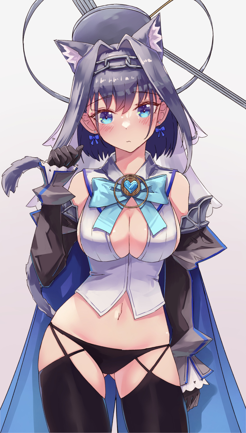 1girl absurdres animal_ears black_gloves black_legwear black_panties blue_cape blue_eyes blue_hair blush bow bow_earrings bowtie breasts cape cat_ears cat_tail cleavage_cutout clock_hands closed_mouth clothing_cutout cowboy_shot detached_sleeves earrings gloves hair_intakes head_chain highres hololive hololive_english jewelry large_breasts looking_at_viewer mechanical_halo no_pants ouro_kronii panties paw_pose shironekokfp skirt solo tail thighhighs underwear veil virtual_youtuber