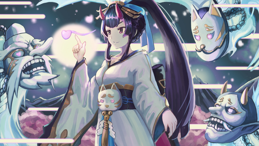 1girl bangs black_hair black_sash breasts chinese_commentary closed_mouth commentary food hand_up heart heart-shaped_pupils highres horns japanese_clothes kimono long_hair looking_ahead masterwork_apocalypse obi oboro_(masterwork_apocalypse) oni oni_horns onigiri pink_eyes ponytail red_horns sash small_breasts smile solo standing symbol-shaped_pupils very_long_hair white_kimono wide_sleeves yj76