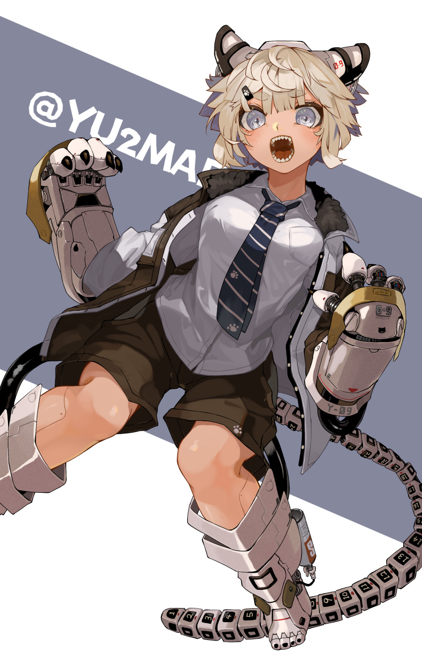1girl :o absurdres blonde_hair blue_necktie breast_pocket breasts claws cyborg dress_shirt dutch_angle eyebrows_visible_through_hair foot_out_of_frame fur-trimmed_jacket fur_trim grey_background grey_eyes hair_ornament hairclip highres jacket long_sleeves looking_at_viewer mechanical_arms mechanical_boots mechanical_ears mechanical_tail necktie open_clothes open_jacket open_mouth original paw_print pocket sharp_teeth shirt short_hair shorts small_breasts solo striped_necktie tail teeth twitter_username two-tone_background white_background white_shirt yunimaru