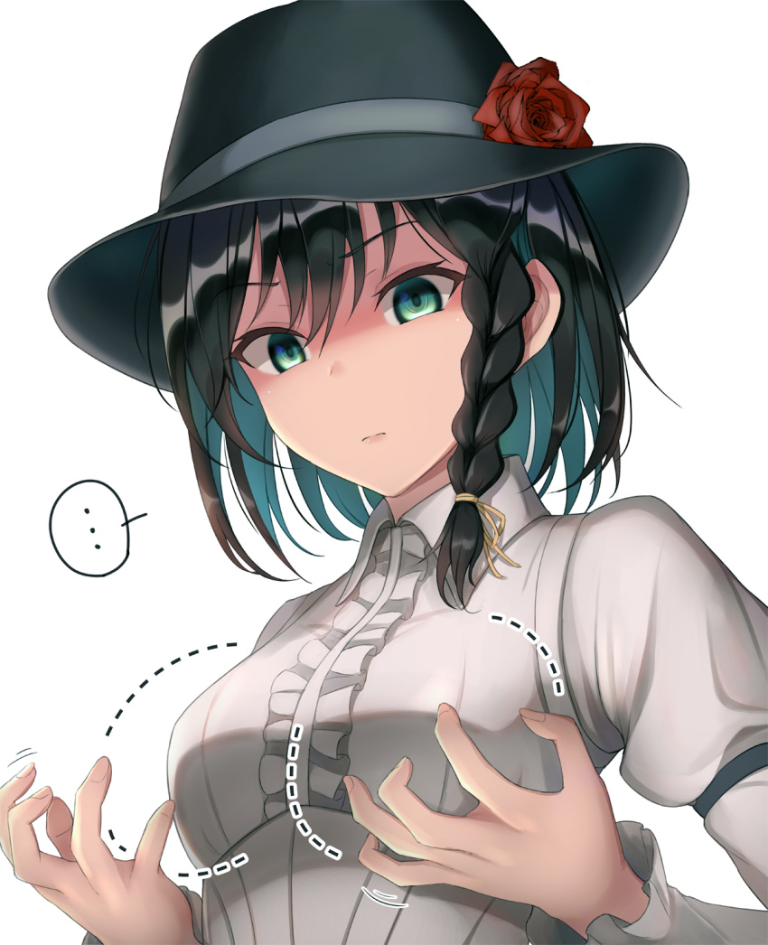 1girl aqua_eyes asymmetrical_hair black_hair black_headwear braid breast_conscious breasts closed_mouth collared_shirt commentary dotted_line eyebrows_visible_through_hair flower frilled_shirt frills fumei_(mugendai) hair_between_eyes hat hat_flower highres long_sleeves looking_down medium_breasts rose scowl shaded_face shirt short_hair side_braid simple_background single_braid solo touhou upper_body usami_renko white_background white_shirt wing_collar