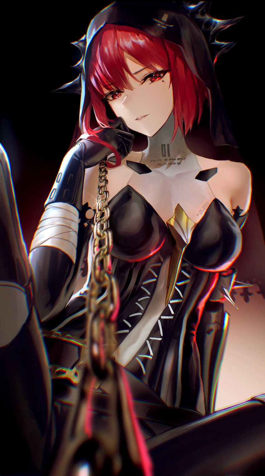 1girl absurdres bandages bangs bare_shoulders bdsm black_background black_gloves blurry bodysuit breasts chain depth_of_field elbow_gloves gloves head_tilt highres long_hair looking_at_viewer medium_breasts mole mole_under_eye parted_lips pov punishing:_gray_raven red_eyes red_hair sitting solo spikes spread_legs veil vera_(punishing:_gray_raven) zhehewofu_huayou_shemeguanx