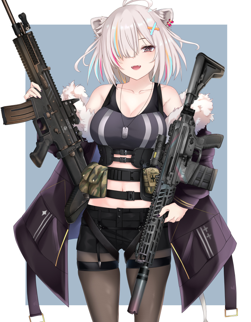 1girl absurdres animal_ears assault_rifle bangs bare_shoulders battle_rifle black_legwear black_shorts breasts chicami cleavage collarbone dog_tags ear_piercing elcan_scope fangs floating_hair fn_scar fn_scar_16 fur-trimmed_jacket fur_trim grey_eyes grey_hair gun hair_ornament hair_over_one_eye hairclip highres holding holding_gun holding_weapon hololive jacket large_breasts lion_ears lion_girl looking_at_viewer multicolored_hair navel off_shoulder open_mouth piercing rifle shishiro_botan short_hair shorts sig_sauer sig_sauer_mcx_spear smile solo sports_bra streaked_hair suppressor virtual_youtuber weapon x_hair_ornament